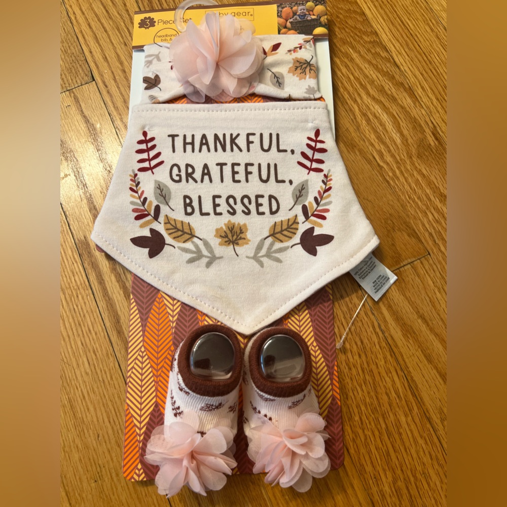 Thankful blessed grateful bib hair bow and socks set